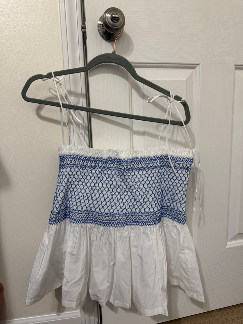 J. Crew White Tank Top with Blue Smocked Detail